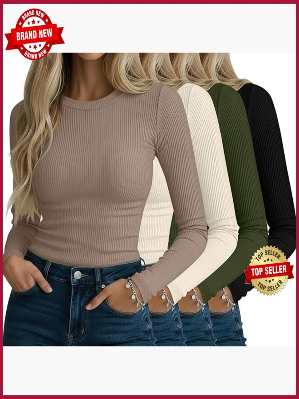 4 Pack Ribbed Long Sleeve T-Shirts - Cotton Crew Neck Slim Fit Tops